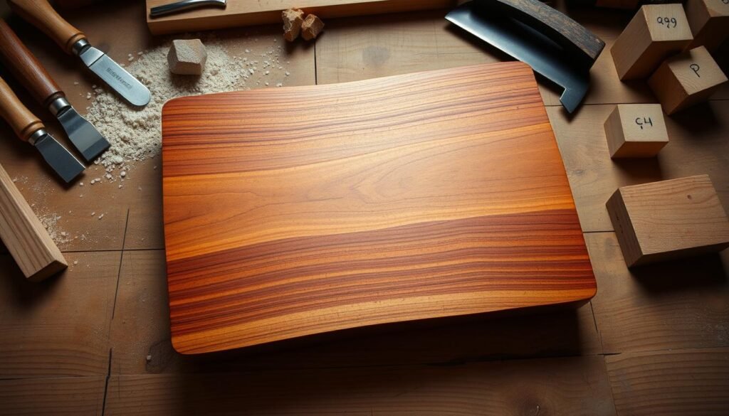 A beautifully crafted end-grain wooden cutting board, its surface gleaming with a rich, warm glow under soft, diffused lighting. The board is positioned on a rustic wooden table, surrounded by various woodworking tools and materials - chisels, sandpaper, a small hand saw, and a few rough-hewn wood blocks. The composition is arranged in a harmonious, visually appealing layout, with the cutting board taking center stage. The overall mood is one of craftsmanship, attention to detail, and the satisfying process of creating a functional, yet elegant, piece of wooden homeware.