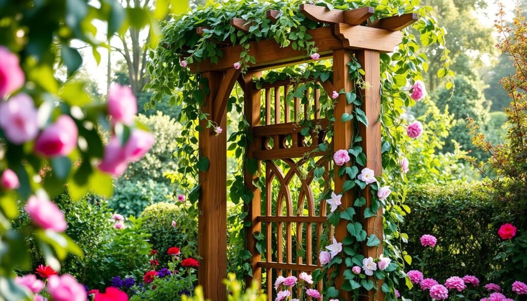 A beautifully crafted wooden garden trellis, adorned with cascading vines and trailing flowers. The trellis stands tall in a lush, well-tended garden, surrounded by verdant foliage and vibrant blooms. Soft, diffused lighting filters through the leaves, casting delicate shadows and highlighting the intricate lattice work. The scene exudes a sense of tranquility and natural harmony, inviting the viewer to imagine the pleasant scents and gentle sounds of a peaceful outdoor oasis.