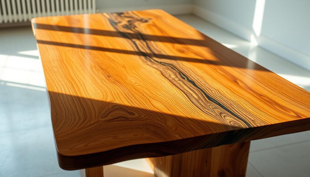 A beautifully finished epoxy resin table, the surface gleaming with a high-gloss sheen. The table top is made of a rich, warm-toned wood, with the epoxy resin gently flowing over the edges, creating a seamless and smooth finish. Soft, natural lighting casts a gentle glow, highlighting the intricate wood grain patterns and the depth of the resin. The table is positioned in a bright, airy space, with clean, minimalist surroundings that allow the craftsmanship to take center stage. The overall composition conveys a sense of tranquility and elegance, perfectly showcasing the final, polished result of a carefully applied epoxy resin table top.