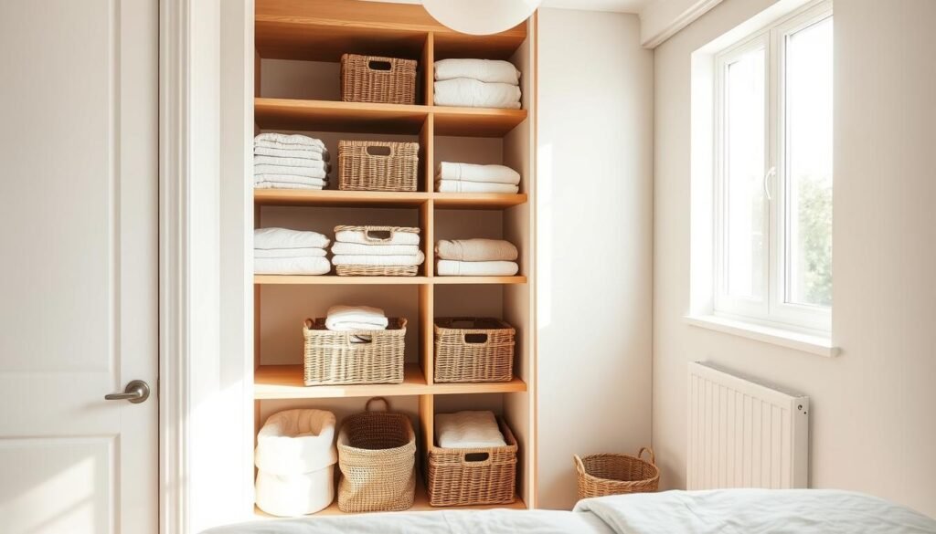 A bright, minimalist linen closet in a small, cozy bedroom. The shelves are made of natural wood, strategically placed to maximize vertical storage space. Baskets and bins in earthy tones neatly organize linens, towels, and other household essentials. Soft, diffused lighting from a window casts a warm glow, highlighting the clean, uncluttered design. The overall atmosphere is one of calm organization, offering a simple, functional solution for compact living spaces. A wide-angle lens captures the entire scene, emphasizing how smart, DIY storage ideas can transform even the smallest of rooms.