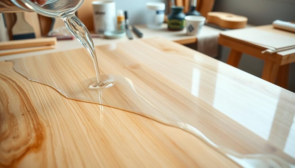 A bright, well-lit wood table top, with a smooth, sanded surface. In the foreground, a clear epoxy resin is being carefully poured, forming a glossy, transparent layer. The resin gently flows and spreads across the wood, creating a mesmerizing, reflective surface. In the background, various tools and supplies are neatly arranged, including a paint brush, mixing cups, and sandpaper, suggesting a step-by-step application process. The lighting is soft and even, highlighting the textures and details of the wood and the resin. The overall scene conveys a sense of precision, care, and the satisfying process of transforming a plain wood surface into a stunning, polished tabletop.