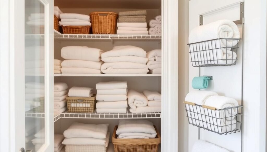 A bright, well-organized linen closet with door-mounted towel racks and organizers. The closet is filled with neatly folded towels, linens, and toiletries. The shelves are arranged in a clean, minimalist style, with dividers and baskets to keep everything in its place. Soft, diffused lighting illuminates the space, creating a calming, spa-like atmosphere. The door-mounted racks hold rolled towels, washcloths, and small baskets for storage. The overall scene conveys a sense of order, efficiency, and relaxation, perfectly complementing the section's focus on simple DIY linen closet organization projects.