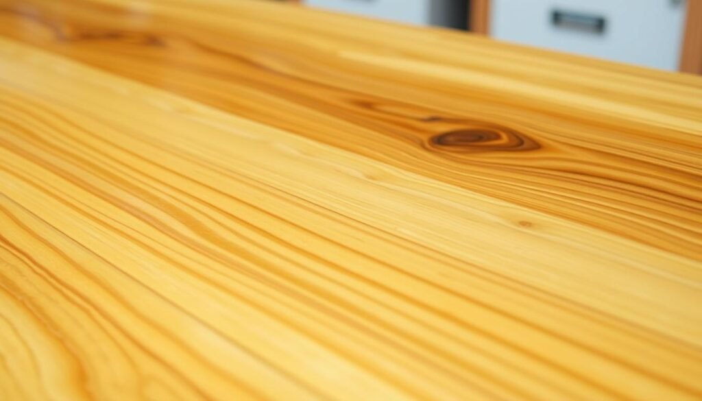 A close-up image of a wood table top with a glossy, transparent epoxy resin coating. The resin has a slight amber hue and gently reflects the natural wood grain underneath. The table is well-lit, with soft, even lighting from above creating subtle highlights and shadows across the surface. The overall composition is clean, with the table top filling the frame and occupying the majority of the image. The focus is sharp, making the texture and clarity of the resin coating clearly visible. The background is blurred, keeping the attention on the resin-coated wood surface. The image has an instructional, informative tone, providing a detailed, high-quality visual reference for a wood table top with an applied epoxy resin finish.