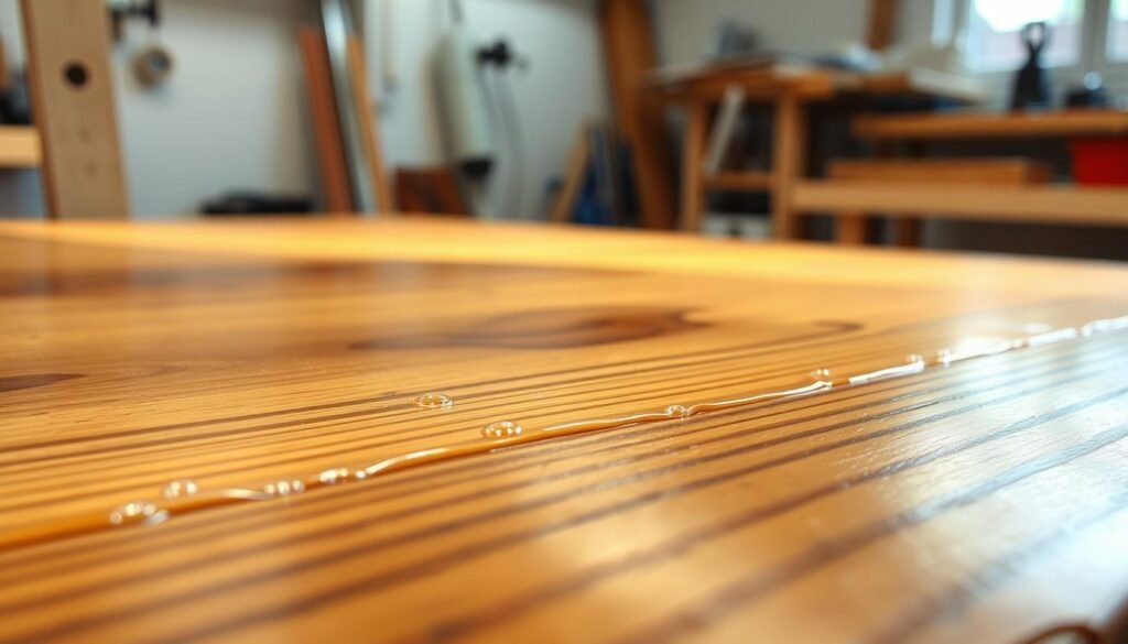 A close-up view of a wood table surface, with a layer of viscous epoxy resin glistening under the warm, soft lighting. Tiny air bubbles slowly rise to the surface, indicating the curing process is underway. The table is positioned in a clean, well-lit workshop environment, with the background softly blurred, allowing the epoxy application to be the focal point. The scene conveys a sense of precision, attention to detail, and the gradual transformation of the material as it transitions from a liquid to a solid, durable finish.