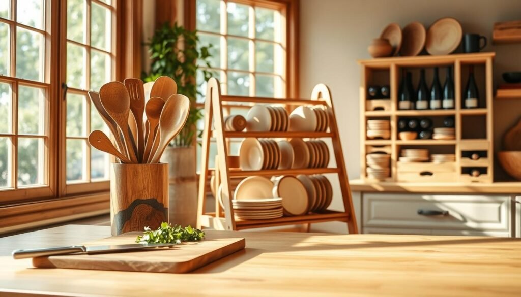 A cozy kitchen interior with abundant natural light streaming through large windows. In the foreground, a handcrafted wooden cutting board with a knife and freshly chopped vegetables. On the countertop, a rustic wooden utensil holder showcases an assortment of hand-carved wooden spoons and spatulas. The middle ground features a freestanding wooden dish rack displaying a collection of artisanal wooden bowls and plates. In the background, a wooden wine rack holds several bottles, complemented by a wooden wine crate used as a decorative accent. The overall atmosphere is warm, inviting, and showcases the beauty and functionality of handmade wooden kitchen items.
