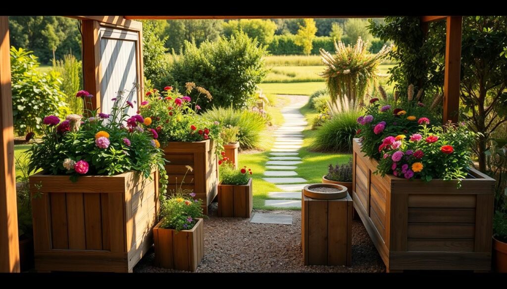 A cozy outdoor space with handcrafted wooden planters, overflowing with lush greenery and vibrant flowers. The planters are arranged in a natural, asymmetrical layout, casting warm, diffused light across the scene. The wood has a rustic, weathered texture, complementing the earthy tones of the surrounding landscape. In the background, a serene garden path leads towards a verdant backdrop, inviting the viewer to explore this sustainable, eco-friendly oasis. The overall atmosphere is one of tranquility and harmony, reflecting the time and care put into these handmade garden projects.
