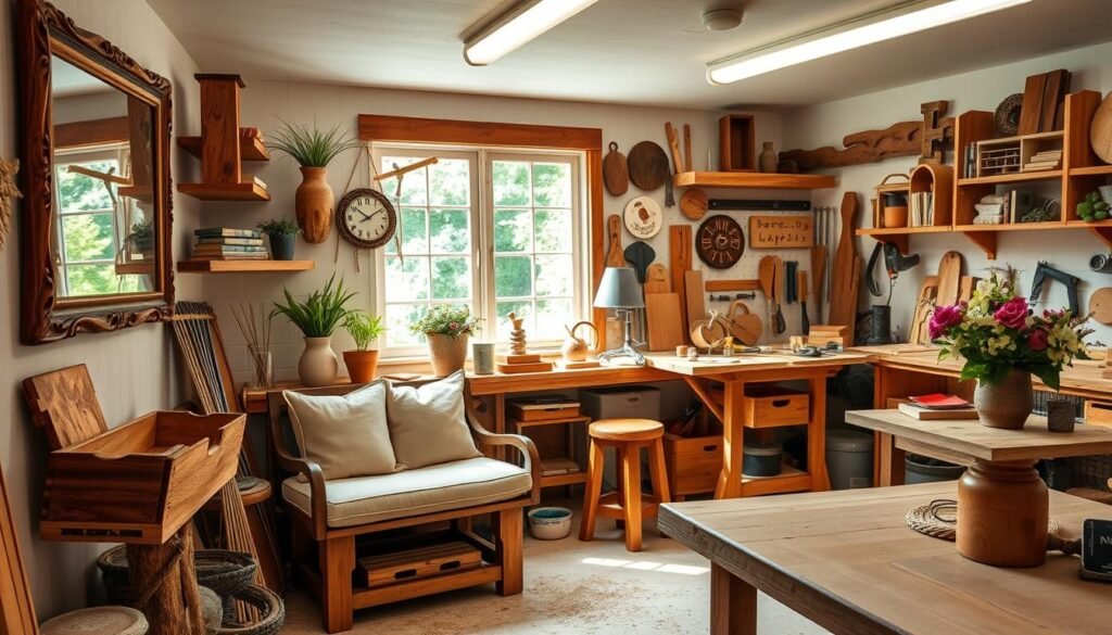 A cozy, well-lit home workshop filled with a variety of rustic, handcrafted woodworking projects for home decor. In the foreground, a beautifully carved wooden picture frame, a set of floating shelves, and a decorative wooden tray. In the middle ground, a DIY wooden bench with plush cushions, a wooden clock, and a wooden vase filled with fresh flowers. In the background, a wooden workbench with various woodworking tools, a collection of wooden signs, and a window overlooking a lush, green backyard. The scene exudes a warm, inviting atmosphere, highlighting the charm and versatility of these DIY home decor pieces.