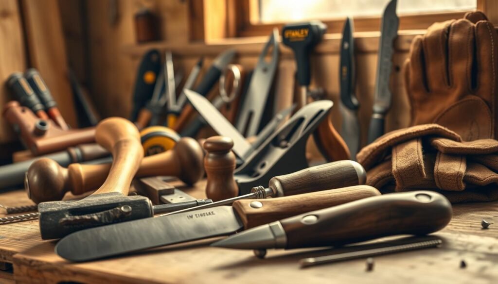 A highly detailed, photorealistic image of an assortment of essential woodworking hand tools arranged on a wooden workbench. In the foreground, a well-worn, polished wood-handled claw hammer, a sharp chisel, and a sleek Japanese pull saw. In the middle ground, a sturdy plane, a set of precision screwdrivers, and a smoothly sharpened utility knife. In the background, a classic Stanley tape measure, a versatile utility knife, and a pair of heavy-duty leather work gloves. The tools are illuminated by a warm, natural lighting from a window, casting soft shadows and highlighting the textures of the wood and metal. The overall atmosphere conveys a sense of craftsmanship, functionality, and the timeless nature of these essential woodworking implements.