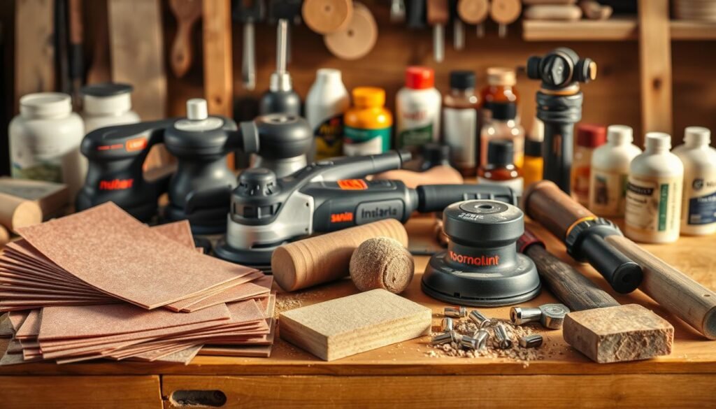 A highly detailed still life of an assortment of sanding and finishing tools arranged on a wooden workbench. In the foreground, various grit sandpapers, a hand sanding block, and a palm sander. In the middle ground, a random orbital sander, a detail sander, and a rotary tool with sanding attachments. In the background, a selection of wood stains, varnishes, and polishing compounds. The scene is illuminated by a warm, natural side lighting, casting soft shadows and highlighting the textures of the tools. The overall mood is one of organized precision, conveying the essential nature of these sanding and finishing implements for high-quality woodworking projects.