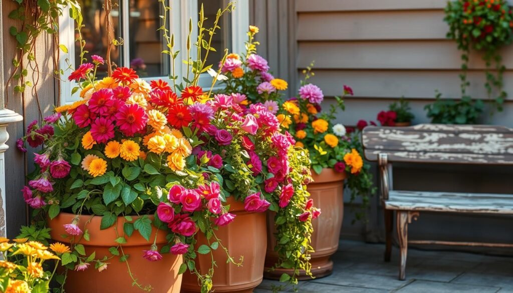 A lush, flourishing container garden nestled in a cozy outdoor oasis. Vibrant blooms of various colors and textures spill over the edges of terracotta pots, creating a captivating focal point. Trailing vines and cascading foliage add depth and dimension. The scene is bathed in warm, golden sunlight, casting a soft, inviting glow. Weathered wooden planters and a vintage garden bench complete the charming, rustic ambiance. The overall composition conveys a sense of tranquility and natural beauty, perfectly capturing the essence of a delightful DIY container garden.