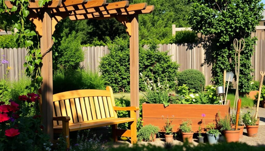 A lush, sun-dappled outdoor scene featuring a variety of rustic, handcrafted woodworking projects. In the foreground, a beautifully crafted wooden bench sits amid a garden of vibrant flowers and greenery. Behind it, a weathered wooden arbor supports a cascading vine, casting playful shadows across the scene. In the middle ground, a wooden planter box overflows with fragrant herbs and wildflowers, nestled among a collection of potted plants and garden tools. The background depicts a charming wooden fence, partially obscured by a flourishing hedgerow, with glimpses of a serene backyard landscape beyond. The lighting is warm and natural, creating a welcoming, inviting atmosphere that perfectly captures the essence of outdoor woodworking projects.