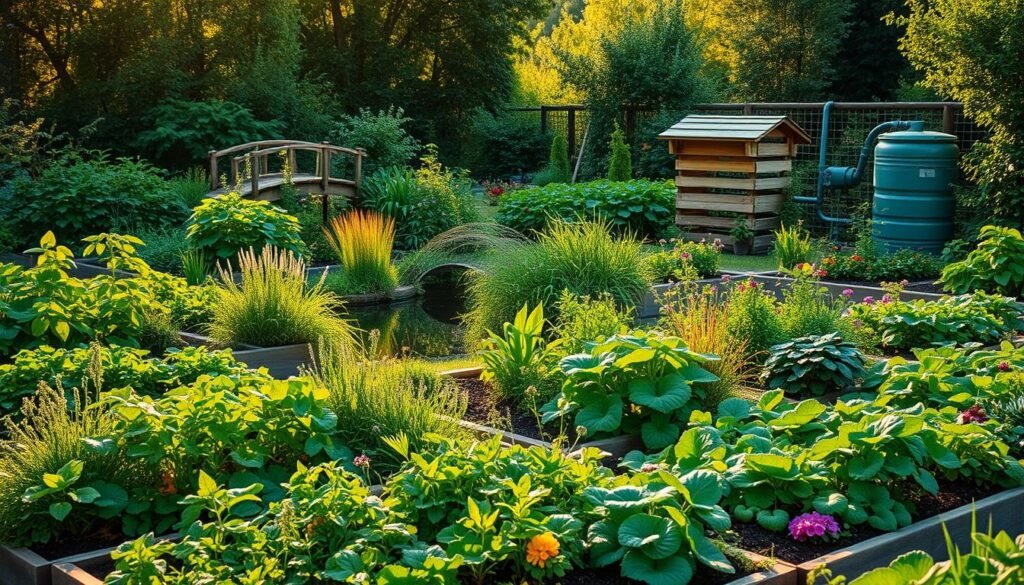 A lush, verdant garden brimming with vibrant foliage and thriving plants, illuminated by warm, golden sunlight filtering through a canopy of trees. In the foreground, raised garden beds overflowing with a diverse array of organic vegetables, herbs, and flowers, meticulously tended to by a gardener's careful hands. The middle ground showcases a serene pond, its surface reflecting the surrounding greenery, with a small wooden bridge arching gracefully across it. In the background, a neatly structured compost bin and a rainwater harvesting system, symbolizing the sustainable practices that power this eco-friendly oasis. The overall scene exudes a sense of harmony, balance, and a deep connection with nature.