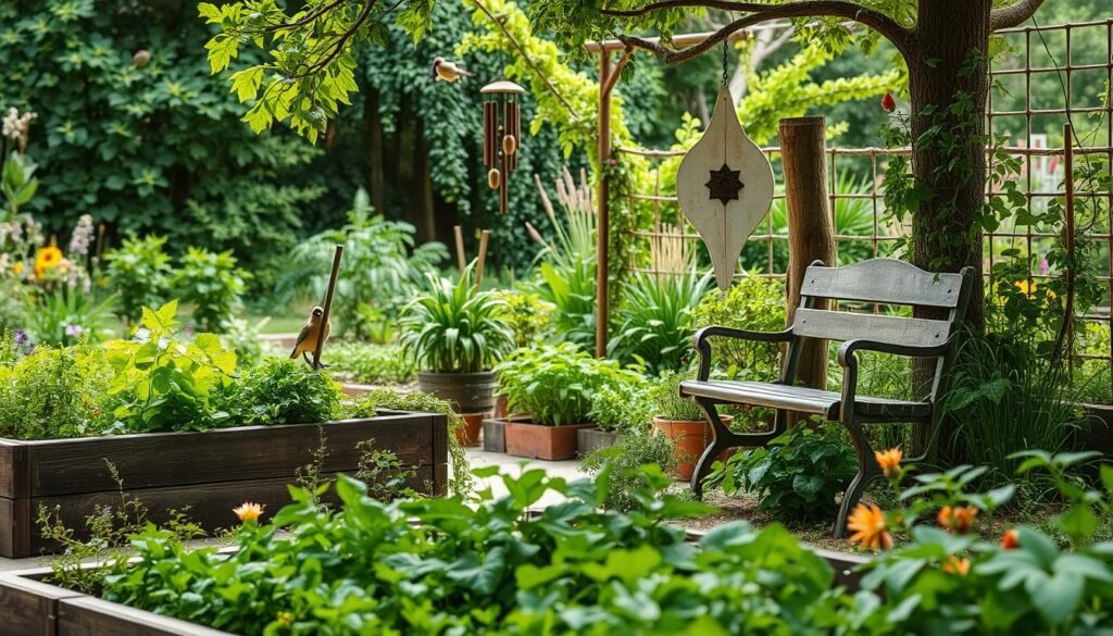 A lush, verdant garden oasis filled with budget-friendly DIY projects. In the foreground, a raised garden bed overflows with vibrant, thriving vegetables and herbs. Nearby, a simple trellis supports climbing vines and flowers. The middle ground features a rustic garden bench crafted from repurposed materials, inviting visitors to pause and admire the scene. In the background, a whimsical wind chime dangles from a tree branch, its soothing tones blending with the chirping of birds. The entire composition is bathed in soft, diffused natural lighting, creating a serene and welcoming atmosphere.