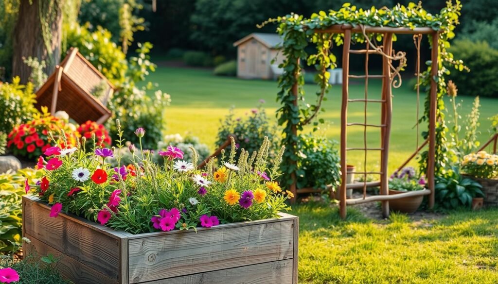 A lush, vibrant garden with an array of DIY projects showcasing creative ideas to transform an outdoor space. In the foreground, a rustic wooden planter overflows with colorful flowers and greenery. In the middle ground, a handcrafted trellis supports a thriving vine, adding a whimsical touch. The background features a neatly manicured lawn, with a shed or small structure in the distance, hinting at additional DIY potential. Warm, soft lighting bathes the scene, creating a welcoming, tranquil atmosphere. The overall composition highlights the simplicity and charm of these homemade garden enhancements, inspiring viewers to embrace their own outdoor oasis.