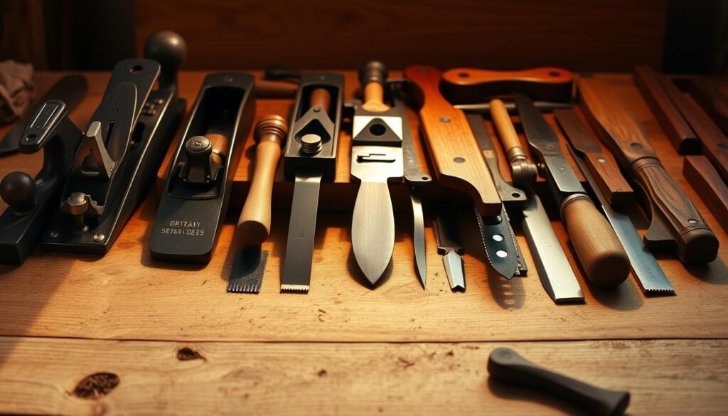 A meticulously curated collection of specialty woodworking tools, each designed with precision and purpose. Smooth plane blades, sharp chisels, intricate carving knives, and a selection of finely crafted hand saws are arranged on a well-worn workbench. The tools are illuminated by warm, directional lighting, casting dramatic shadows that accentuate their distinct forms and textures. The scene exudes a sense of craftsmanship and attention to detail, inviting the viewer to imagine the skilled hands that wield these essential implements in the creation of beautiful, functional wooden objects.