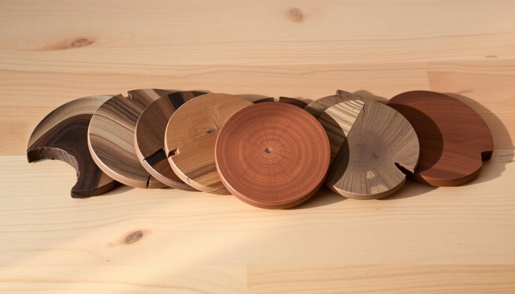 A neatly arranged set of handcrafted wooden coasters, each one a unique and rustic masterpiece. The coasters are placed on a natural wooden surface, the grain and texture providing a warm, earthy backdrop. Diffused natural lighting casts soft shadows, highlighting the intricate details of the wood. The coasters themselves are made from a variety of reclaimed or salvaged wood, each one exhibiting its own distinct patterns, knots, and imperfections that lend character and charm. The overall composition conveys a sense of simple, homespun charm and the satisfaction of creating something beautiful and functional through one's own hands.