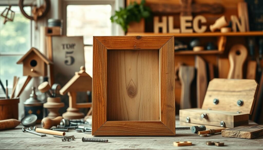 A rustic and charming still life scene of DIY wood projects made from reclaimed wood. In the foreground, a handcrafted picture frame with a natural wood grain texture stands prominently. Behind it, a mix of other wood items such as a birdhouse, a small side table, and a decorative sign come into view. The middle ground is filled with various woodworking tools, nails, and hardware, conveying the sense of a workshop. The background has a warm, inviting ambiance with soft, natural lighting filtering through a window, casting a gentle glow over the scene. The overall mood is one of simplicity, craftsmanship, and a celebration of the beauty of repurposed materials.