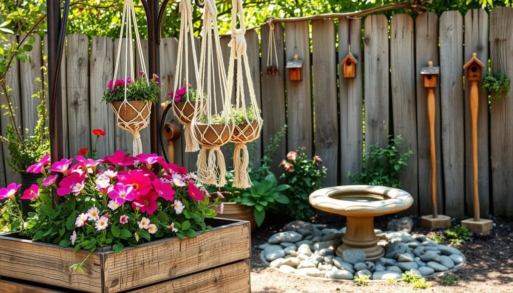 A rustic, handcrafted garden scene with natural textures and earthy tones. In the foreground, a weathered wooden planter overflows with vibrant, blooming flowers and lush greenery. Hanging from an antique metal trellis, delicate handwoven macramé planters sway gently in the breeze. In the middle ground, a stone birdbath surrounded by river rocks reflects the dappled sunlight. The background features a quaint wooden fence adorned with hand-carved wooden birdhouses and garden stakes. The overall atmosphere evokes a sense of tranquility, creativity, and a connection to the natural world.