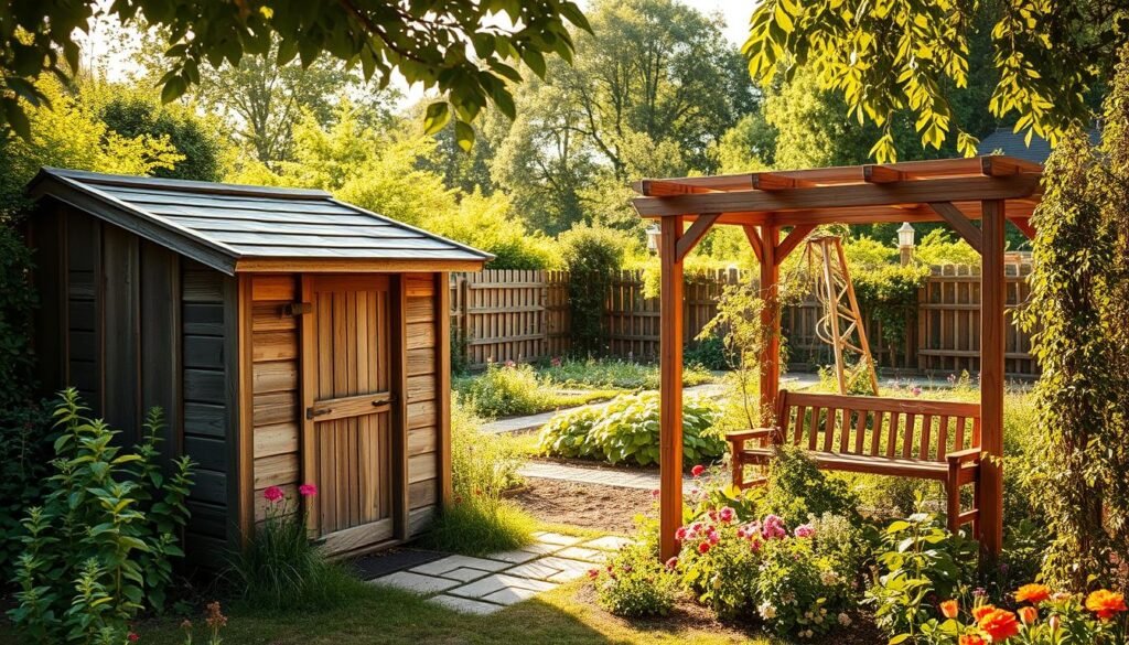 A rustic wooden garden shed stands amidst lush greenery, its weathered boards and charming design inviting exploration. Nearby, a handcrafted wooden bench nestled among vibrant flowers offers a peaceful respite. In the distance, a wooden pergola arches over a well-tended vegetable patch, casting soft, dappled shadows. Warm, natural lighting illuminates the scene, highlighting the organic textures and earthy tones of the wooden elements. The overall atmosphere evokes a sense of tranquility and a deep connection to the natural world, perfectly capturing the essence of wooden garden projects that transform an outdoor space.