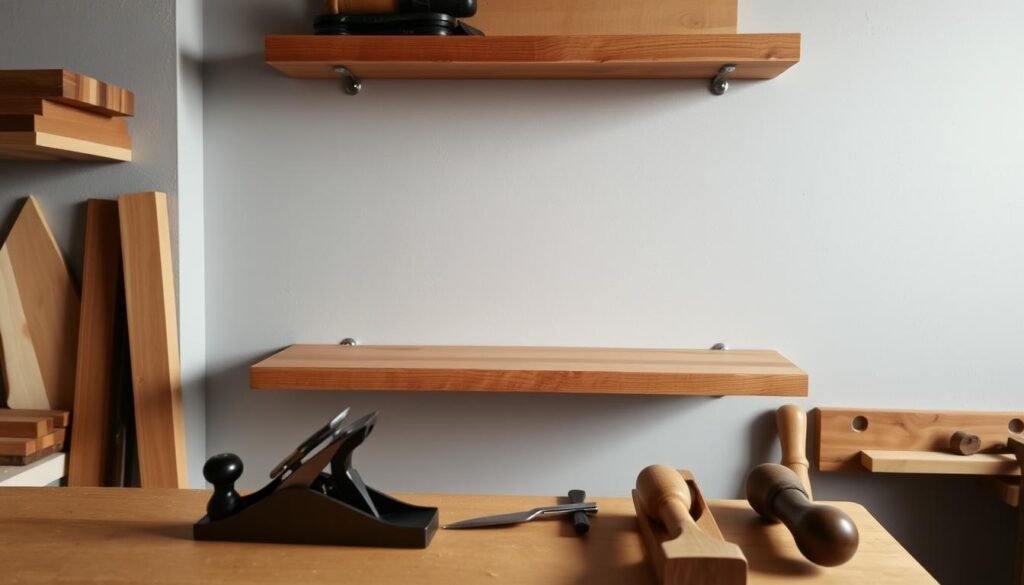 A simple, rustic wooden floating shelf in a cozy, well-lit workshop. The shelf is made of smooth, warm-toned oak boards, its edges neatly chamfered. It is mounted flush against a light gray wall, secured with discreet metal brackets. The workshop's soft, directional lighting casts gentle shadows, highlighting the natural wood grain. In the foreground, various small woodworking tools are neatly arranged - a hand plane, a chisel, and a small mallet. The overall scene conveys a sense of simplicity, functionality, and craftsmanship.