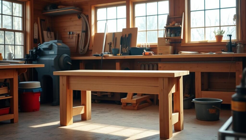 A simple yet elegant wooden bench, crafted from 2x4 lumber, stands in a cozy, well-lit workshop. The bench's sturdy frame and smooth, sanded surface exude a rustic charm, inviting the viewer to imagine the projects and DIY creations that could be brought to life upon its surface. Warm, natural lighting filters in through large windows, casting a soft glow on the bench and the surrounding workshop space, filled with organized tools and materials. The bench's simple design and clean lines reflect the straightforward, practical nature of the 2x4 project, highlighting its accessibility for both novice and experienced woodworkers. The overall scene conveys a sense of warmth, productivity, and the satisfaction of creating something practical and beautiful with one's own hands.