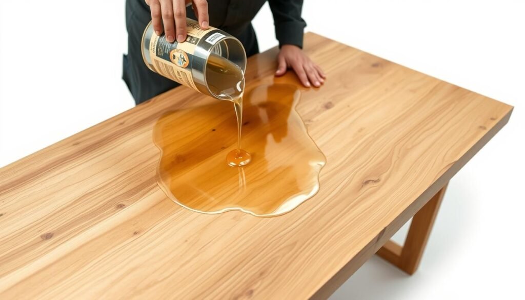 A skilled craftsperson carefully pouring translucent epoxy resin onto a wooden table top, creating a smooth, glossy surface. The resin flows evenly, pooling and spreading across the natural wood grain. Soft, diffused lighting illuminates the scene, highlighting the resin's shimmering, liquid-like texture. The tabletop is positioned at an angle, allowing the viewer to observe the application process from an instructive perspective. The background is clean and uncluttered, directing the focus towards the demonstration of properly applying epoxy to a wood surface.