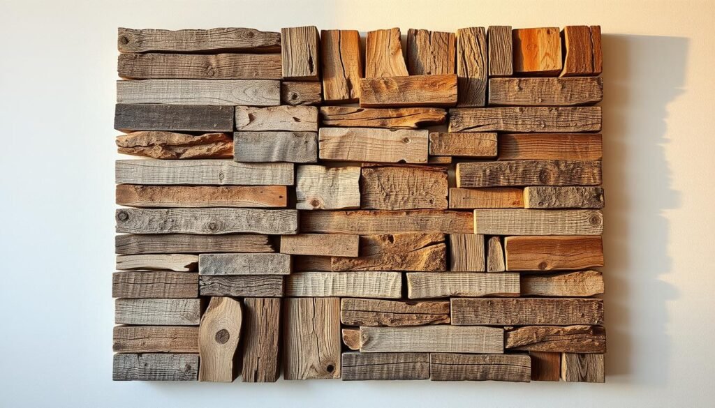 A vibrant and textural arrangement of rustic scrap wood pieces, meticulously crafted into a decorative wall art piece. In the foreground, an assortment of weathered, reclaimed wood planks in varying shades of brown and gray are carefully assembled in a harmonious, abstract pattern. The middle ground showcases the natural grain and knots of the wood, lending depth and visual interest. Warm, diffused lighting from the side casts gentle shadows, accentuating the rough, organic textures. In the background, a neutral, off-white wall provides a clean, minimalist backdrop, allowing the wooden artwork to take center stage. The overall composition radiates a sense of earthy, handcrafted charm, perfect for elevating any interior space.