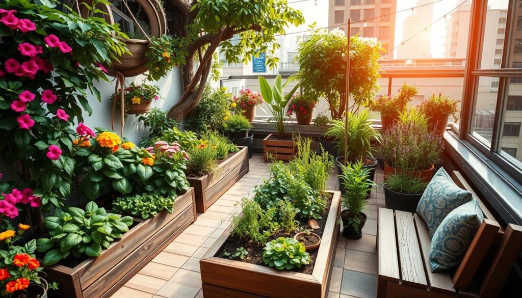 A vibrant urban rooftop garden, lush with verdant foliage and planter boxes overflowing with colorful blooms. A cozy seating area with rustic wooden furniture and string lights creates an inviting atmosphere, while a central raised garden bed showcases an array of herbs and vegetables thriving in the limited space. The scene is bathed in warm, natural lighting, captured through a wide-angle lens that emphasizes the clever use of vertical space and clever space-saving design. The overall mood is one of tranquility and resourcefulness, highlighting the possibilities of urban gardening in a compact setting.