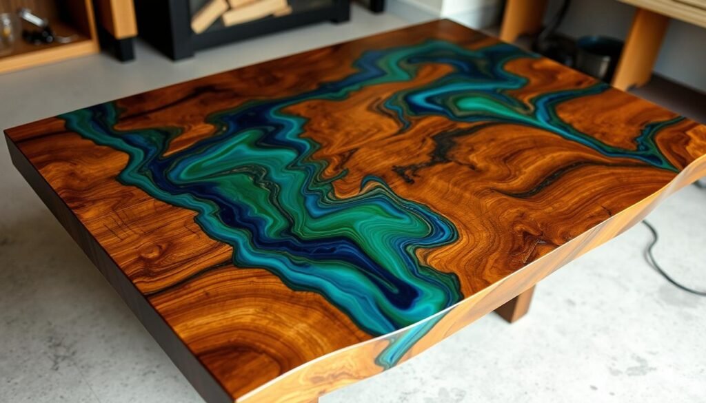 A well-crafted, decorative wood table with a smooth, glossy epoxy resin surface. The epoxy has been manipulated to create a mesmerizing, swirling pattern of vibrant colors - blues, greens, and golds - that dance across the tabletop. The lighting is soft and diffused, highlighting the depth and shine of the epoxy. The camera is positioned at a slight angle, capturing the intricate details and textures of the finish. The overall atmosphere is one of sophistication and artistic flair, showcasing the creative potential of epoxy resin for DIY woodworking projects.