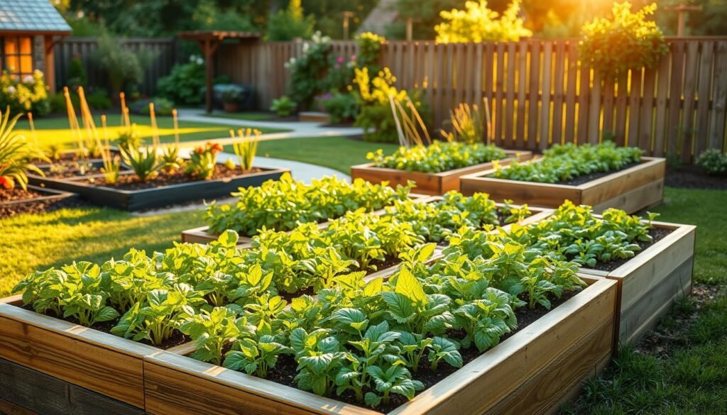 A well-crafted raised garden bed set in a lush, verdant backyard. The beds, made of sturdy wood, are elevated off the ground, allowing for easy access and optimal drainage. Neat rows of thriving vegetables and herbs fill the beds, bathed in the warm, golden light of the afternoon sun. The background features a picturesque garden, with flowering plants, a small patio, and a wooden fence that adds to the cozy, rustic ambiance. The composition is balanced, with the garden beds taking center stage, inviting the viewer to imagine the joys of homegrown produce and the satisfaction of tending to a personal oasis.