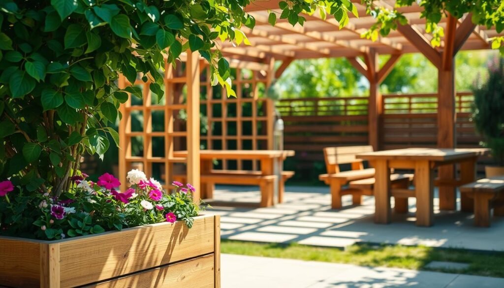A well-crafted wooden outdoor seating area, its natural textures and simple design complementing the lush greenery around it. Sunlight filters through the leaves, casting warm shadows on the sturdy wooden benches and tables. In the foreground, a handcrafted planter box overflows with vibrant flowers, adding a touch of color and life. The middle ground showcases a simple yet elegant wooden trellis, perfect for climbing vines or trailing plants. In the background, a wooden pergola frames the scene, its beams and slats casting a gentle pattern of light and shadow. The overall atmosphere is one of tranquility and rustic charm, inviting the viewer to relax and enjoy the outdoor living space.