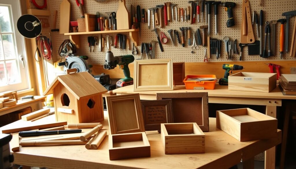 A well-lit, clean woodworking workshop with an assortment of essential tools and materials arranged on a sturdy workbench. In the foreground, a collection of finished DIY projects showcases their profitability, including a handcrafted birdhouse, a rustic picture frame, and a small wooden box. The middle ground features power tools like a circular saw, drill, and sander, while the background has a pegboard displaying an array of hand tools. The overall atmosphere conveys the potential for beginner woodworkers to create profitable DIY projects with the right equipment and skill set.