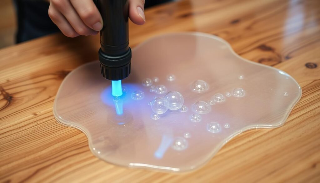 A well-lit, close-up view of a person's hands skillfully using a heat gun to manage air bubbles forming in freshly poured epoxy resin on a wooden table. The resin has a glossy, translucent appearance, and the heat gun's blue flame is directed precisely at the bubbles, causing them to pop and flatten the surface. The table's wood grain is visible underneath the resin, creating a natural, textured backdrop. The image conveys a sense of care and attention to detail in the epoxy application process.