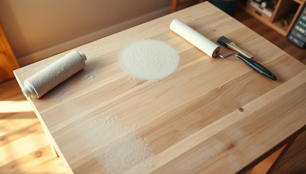 A well-lit, high-angle shot of a wood table being prepared for epoxy resin application. The tabletop is sanded smooth, with fine grit sandpaper visible nearby. An array of tools like a paint roller, brushes, and a mixing stick are arranged around the table, hinting at the steps to come. The background is blurred, keeping the focus on the table's surface and the preparation process. Warm, natural lighting casts a soft glow, creating a welcoming, instructional atmosphere for the epoxy resin application.