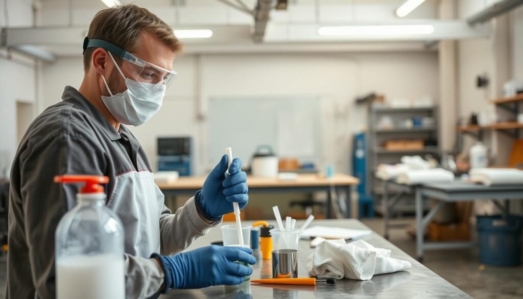 A well-lit, high-quality instructional photograph showcasing essential epoxy resin safety precautions. In the foreground, a person wearing protective gear, including safety goggles, gloves, and a respirator mask, carefully handling epoxy resin components. In the middle ground, a table displaying the necessary tools like measuring cups, mixing sticks, and rags. The background features a clean, organized workspace with good lighting and ventilation. The overall scene conveys a sense of professionalism, attention to detail, and the importance of following proper safety protocols when working with epoxy resin.