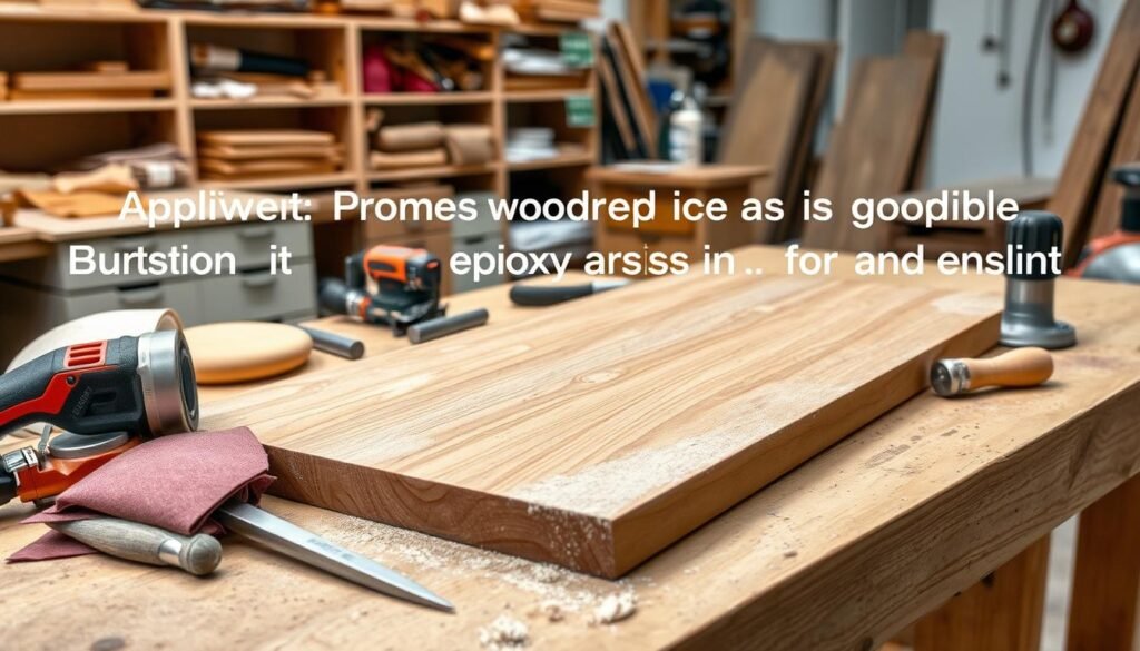 A well-lit, high-quality photographic scene depicting the process of wood preparation for epoxy resin application. The foreground shows a selection of hand tools, including sandpaper, wood chisels, and a router, neatly arranged on a workbench. The middle ground features a wooden tabletop or plank, with the surface meticulously sanded and smoothed, ready for the epoxy resin. The background showcases a workshop environment, with shelves of materials and a clean, organized workspace, conveying a sense of professionalism and attention to detail. The image has a clear, instructional feel, with a focus on the essential steps for proper wood preparation, the foundation for a successful epoxy resin application.