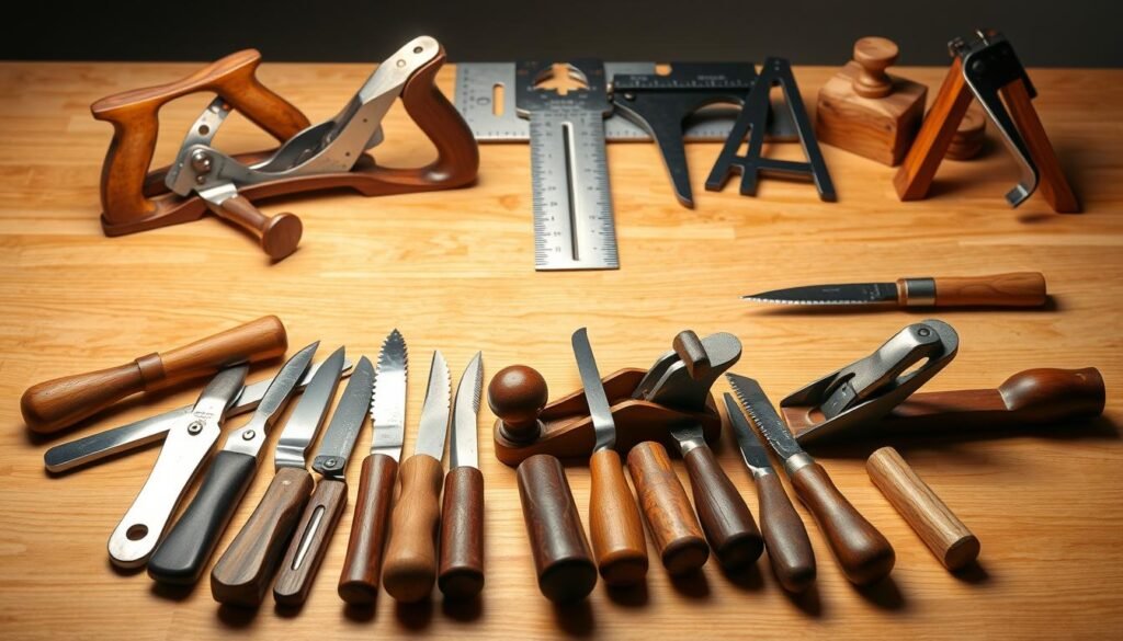 A well-lit, high-resolution photograph of a collection of woodworking tools commonly used for joinery and shaping, arranged on a clean wooden surface. The foreground features an assortment of chisels, planes, and carving knives, their blades gleaming in the light. In the middle ground, a set of hand saws, including a dovetail saw and a coping saw, stand upright, their toothed blades ready for precision cuts. In the background, a combination square, a marking gauge, and a set of dividers are neatly organized, hinting at the careful measurement and layout work required for joinery. The lighting is soft and even, accentuating the natural textures of the wood and metal tools, creating a sense of craftsmanship and attention to detail.