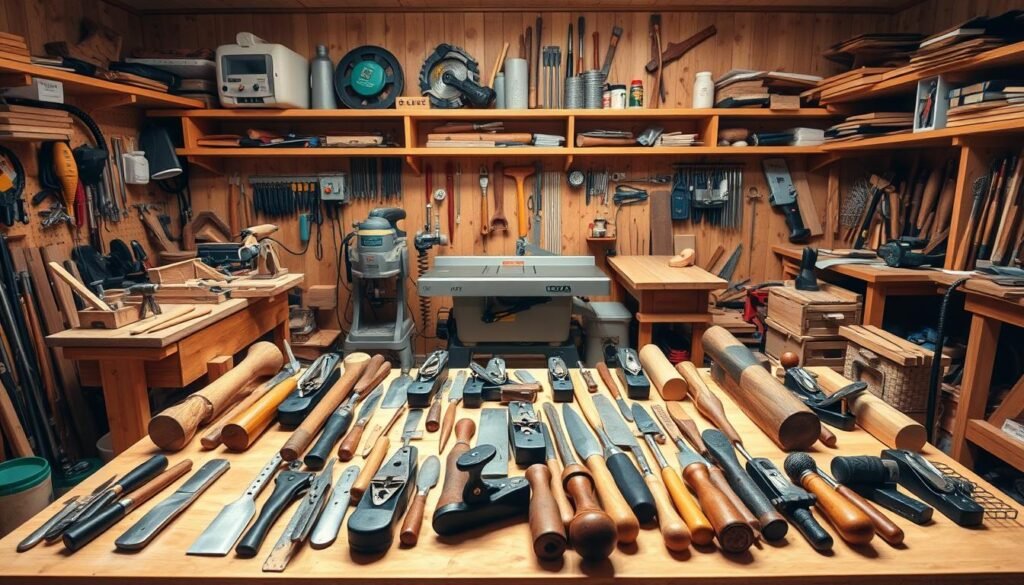 A well-lit, neatly organized workspace filled with an assortment of classic woodworking tools. In the foreground, a sturdy workbench showcases a collection of hand tools - chisels, planes, saws, and hammers - arranged in a visually appealing manner. The middle ground features power tools such as a table saw, jigsaw, and router, all against a backdrop of wooden shelves stocked with various hardware, fasteners, and finishing supplies. The lighting is warm and natural, creating a sense of craftsmanship and productivity. The overall scene conveys a welcoming, professional atmosphere, inviting the viewer to imagine embarking on their own rewarding woodworking projects.