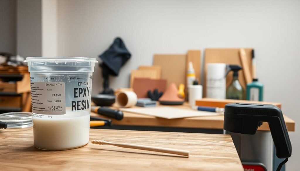 A well-lit, organized epoxy resin workspace, with a wooden work surface, various tools and supplies neatly arranged. In the foreground, a clear epoxy resin container and a stir stick, ready for mixing. In the middle ground, a selection of sandpaper, a dust mask, and other essential items for surface preparation. The background features a neutral-colored wall, providing a clean, professional backdrop. The lighting is soft and diffused, creating an inviting atmosphere for a step-by-step instructional photo shoot.