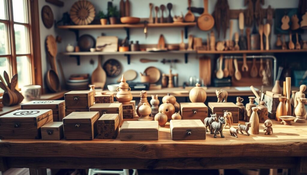 A well-lit, rustic wooden workbench with various handmade wood crafts arranged neatly on its surface. In the foreground, a collection of artisanal wooden keepsake boxes, each showcasing intricate carving and natural wood grain. In the middle ground, a selection of whimsical wooden toys, such as carved animals and miniature figurines. The background features a cozy, sun-dappled studio space with shelves displaying more unique woodworking creations, including decorative wooden wall hangings and carefully crafted wooden utensils. The overall scene conveys a sense of skilled craftsmanship, attention to detail, and the potential for these handmade wood crafts to be profitable side hustles.