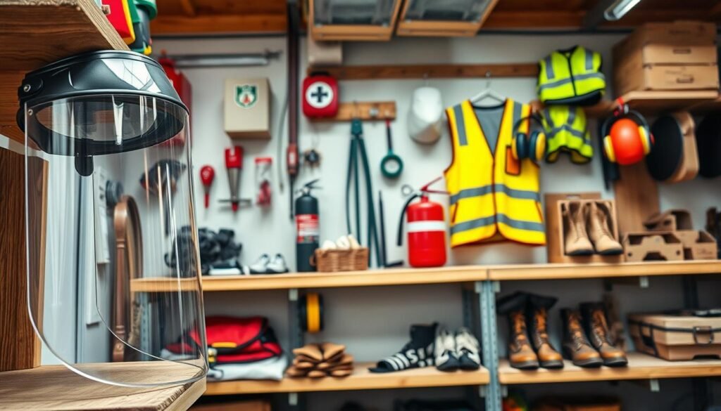 A well-lit, spacious workshop with a variety of essential safety equipment neatly arranged on sturdy wooden shelves. In the foreground, a full-face safety shield, protective goggles, and a set of impact-resistant gloves. In the middle ground, a fire extinguisher, first-aid kit, and dust mask hang on the wall. The background showcases a high-visibility safety vest, ear muffs, and a sturdy set of safety boots. The overall scene conveys a sense of organization, attention to detail, and a commitment to workplace safety.