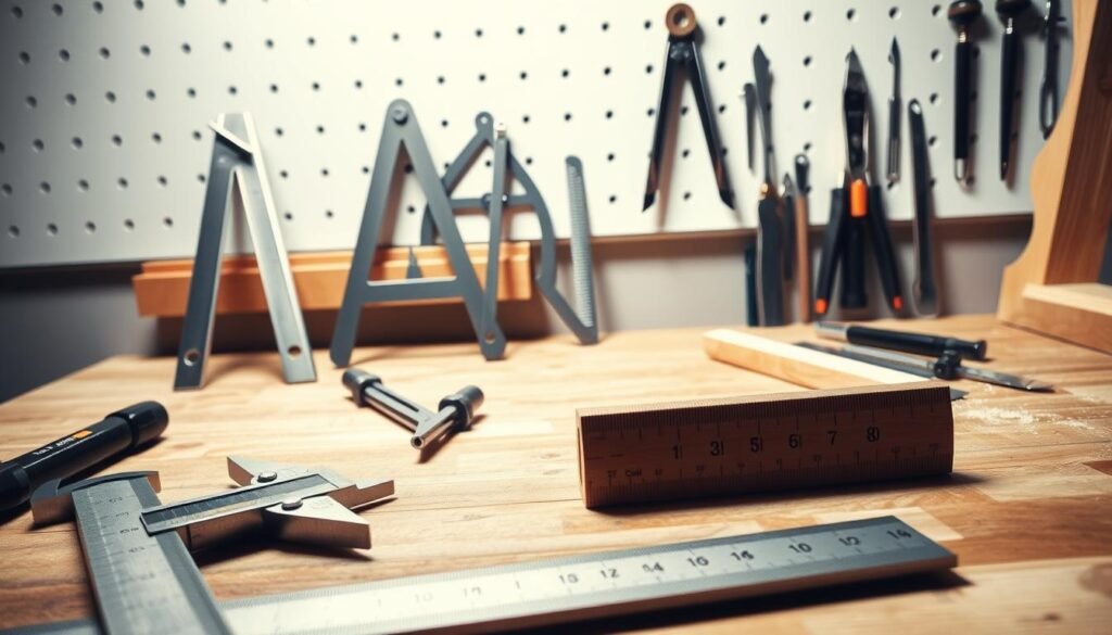 A well-lit studio setting showcasing an assortment of precision measurement and layout tools. In the foreground, a caliper, a square, and a ruler are arranged neatly on a wooden workbench. In the middle ground, a protractor, a T-square, and a drafting compass stand upright, their metallic surfaces gleaming under the soft, diffused lighting. In the background, a pegboard displays an array of precision marking and scribing tools, including an awl, a scribe, and a set of dividers. The scene conveys a sense of order, attention to detail, and the importance of accurate measurement and layout in woodworking.