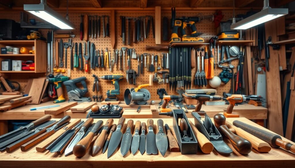 A well-lit woodworking workshop, with an array of hand tools neatly organized on a sturdy workbench. In the foreground, a collection of chisels, planes, and saws are displayed, their polished surfaces gleaming under the warm glow of overhead lighting. In the middle ground, a collection of power tools, including a jigsaw, router, and drill, are arranged with care, showcasing the evolving nature of a woodworker's toolkit. The background features a wall-mounted tool rack, housing an assortment of clamps, squares, and other essential accessories, creating a sense of depth and organization. The overall atmosphere conveys a sense of craftsmanship, creativity, and the joy of building with one's own hands.