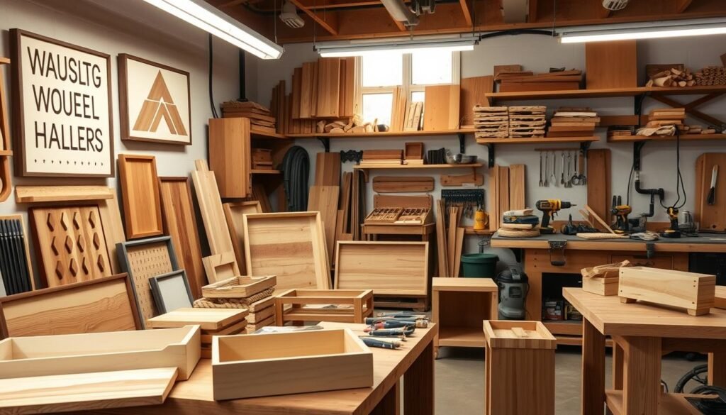 A well-lit workshop interior showcasing a variety of popular DIY woodworking projects. In the foreground, an assortment of handcrafted wooden home decor items such as rustic farmhouse signs, geometric wall hangings, and minimalist floating shelves. In the middle ground, a collection of functional wooden pieces including a sleek serving tray, a modern box-style side table, and a simple yet elegant wooden desk organizer. In the background, neatly organized power tools, hand tools, and a workbench with various wood stock and materials. The lighting creates a warm, inviting atmosphere that highlights the natural beauty and craftsmanship of the projects. The overall scene conveys a sense of creativity, productivity, and the appeal of practical, high-quality DIY woodworking.
