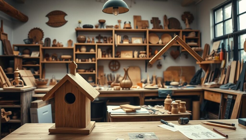 A well-lit workshop interior, showcasing a variety of profitable DIY woodworking projects. In the foreground, a handcrafted wooden birdhouse, its intricate details illuminated by soft natural light. In the middle ground, a collection of rustic-style shelves displaying an assortment of unique wooden trinkets and small home decor items. In the background, a workbench littered with tools, sketches, and various woodworking materials, creating a sense of a productive, creative space. The overall atmosphere is one of warmth, craftsmanship, and the potential for profitable DIY ventures, captured through a wide-angle lens and dramatic lighting.