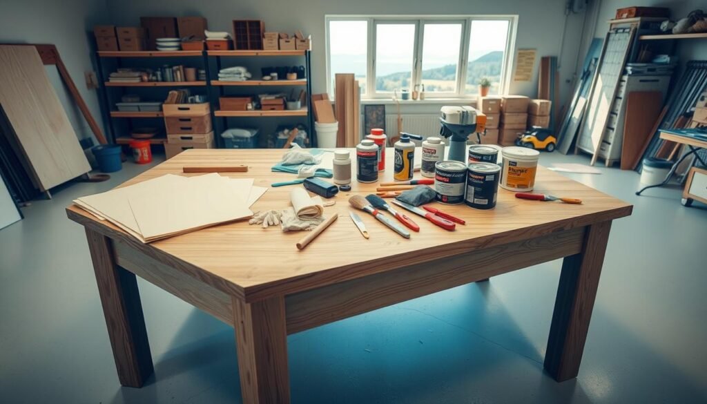 A well-lit workshop interior, with a large wooden table in the center. On the table, various tools and materials are neatly arranged, including sandpaper, rags, paint brushes, and epoxy resin containers. The floor is clean and uncluttered, allowing for easy movement around the workspace. The lighting is soft and diffused, creating a warm, inviting atmosphere. In the background, shelves filled with organized supplies and a window overlooking a scenic outdoor view. The overall scene conveys a sense of preparedness and attention to detail, setting the stage for a successful epoxy application project.