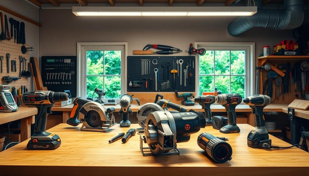 A well-lit workshop interior, with a prominent display of power tools neatly arranged on a sturdy wooden workbench. In the foreground, a cordless power drill, a circular saw, and a random orbital sander stand ready, their metal bodies gleaming under the warm overhead lighting. In the middle ground, a jigsaw, a belt sander, and a rotary tool sit alongside a set of Allen wrenches, a clamping system, and other essential accessories. The background features a pegboard with an assortment of hand tools, a wall-mounted dust collection unit, and a window offering a glimpse of a lush, verdant garden outside, creating a harmonious balance between the industrial and the natural. The overall scene conveys a sense of precision, efficiency, and the transformative power of these tools in the hands of a skilled woodworker.