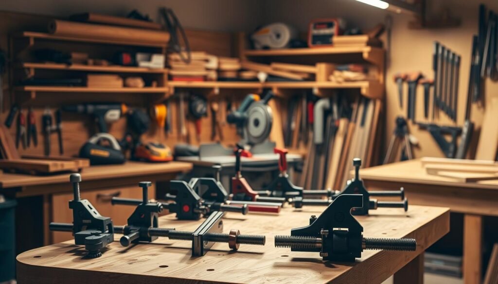 A well-lit workshop interior, with a wooden workbench in the foreground featuring an assortment of clamping devices and workholding solutions. Clamps of various sizes and types, including C-clamps, bar clamps, and corner clamps, are neatly arranged on the bench. In the middle ground, a miter saw station with a sturdy miter saw and a clamp-on workpiece hold-down. In the background, shelves displaying a variety of other woodworking tools and accessories, all bathed in warm, directional lighting that casts dramatic shadows, creating a sense of depth and texture. The overall scene conveys a professional, organized, and well-equipped woodworking workspace.