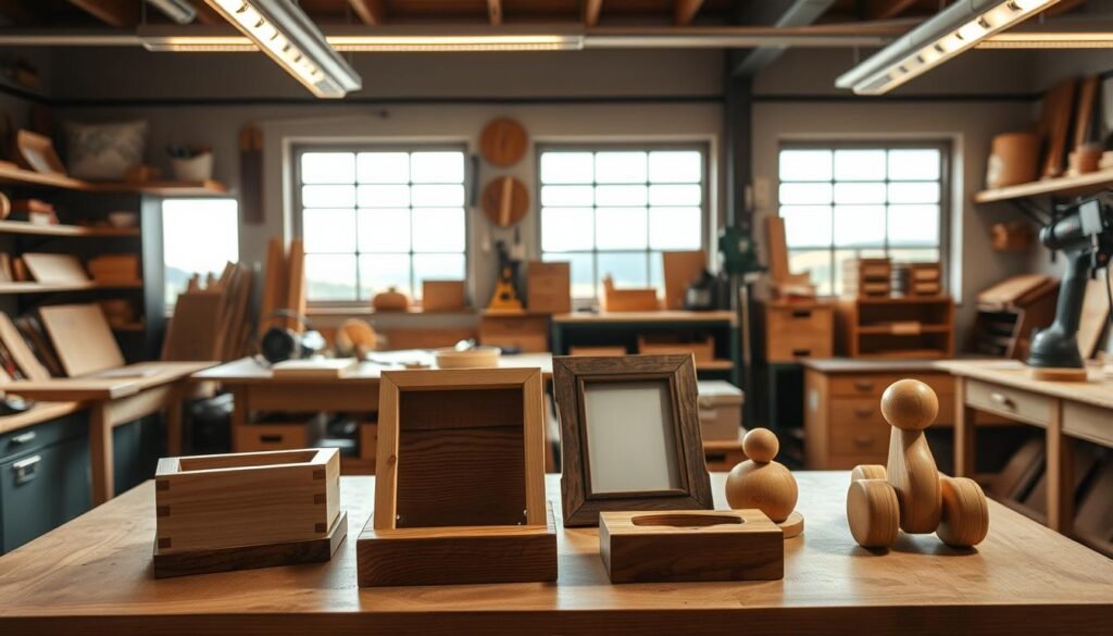 A well-lit workshop interior with a workbench in the foreground, displaying an assortment of handcrafted wooden items such as a small decorative box, a rustic picture frame, and a simple wooden toy. Warm lighting from overhead fixtures casts a soft glow, highlighting the natural grain and textures of the wood. In the middle ground, shelves and storage units hold additional projects and tools, suggesting a productive workspace. The background features a large window overlooking a picturesque outdoor scene, creating a sense of openness and inspiration. The overall atmosphere conveys the ease and profitability of creating these types of quick-to-make, high-markup woodworking projects.