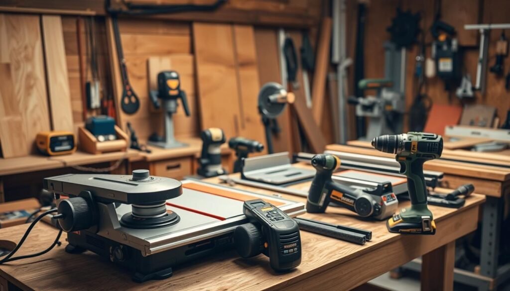 A well-lit workshop scene featuring an assortment of essential woodworking power tools meticulously arranged on a sturdy workbench. In the foreground, a powerful table saw, orbital sander, and cordless drill stand ready for use. The mid-ground showcases a jigsaw, router, and miter saw, their sharp blades and precise mechanisms hinting at the intricate tasks they can accomplish. In the background, a bandsaw, scroll saw, and planer are visible, complementing the diverse array of tools needed to tackle any woodworking project with skill and efficiency. Warm lighting casts a professional, authoritative atmosphere, underscoring the importance of having the right tools for the job.